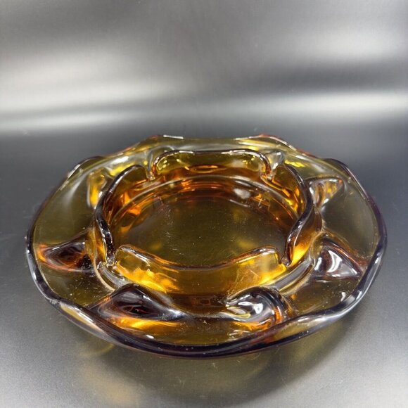 1960s Vintage Amber Glass Ashtray Dish Wavy Edges Vintage Glass Decor 8 In Wide - Picture 13 of 15